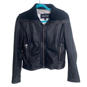 Guess Genuine Leather Bomber Jacket Womens Size L Black Zip Up Moto Biker